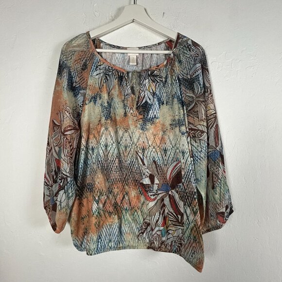 Chico's Womens Multicolor Printed 3/4 Sleeve Boho Peasant Blouse Size 2 Loose - Picture 1 of 9